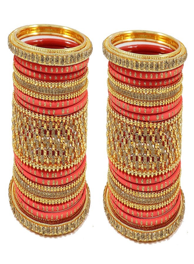 NMII طقم أساور تشودا مطلية بالذهب من إن إم آي آي للنساء والفتيات | مرصعة بحجر الزركون ونقاط البولكا | طقم تشودا تقليدي للعرائس | أساور نسائية | طقم أساور للنساء - (تشودا معدني 1 - أحمر - 2.6) - Image 3