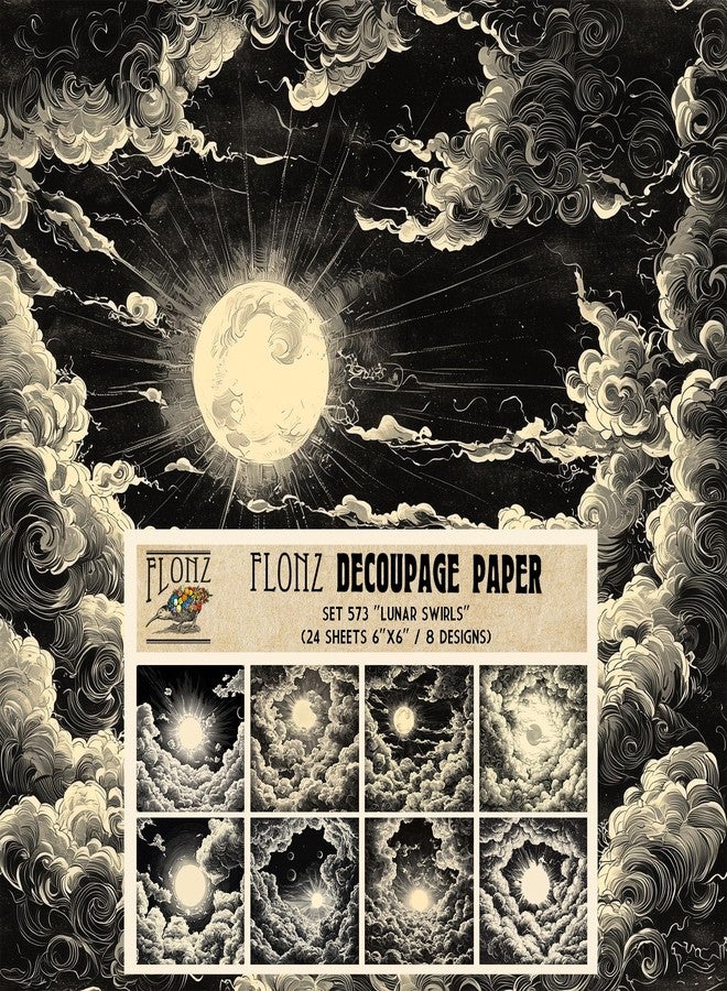 Decoupage Paper Pack (24 Sheets 6"x6") Lunar Swirls: Engravings Clouds Circling The Moon for Mystical Celestial Creations # Vintage Styled Paper for Craft and Scrapbooking