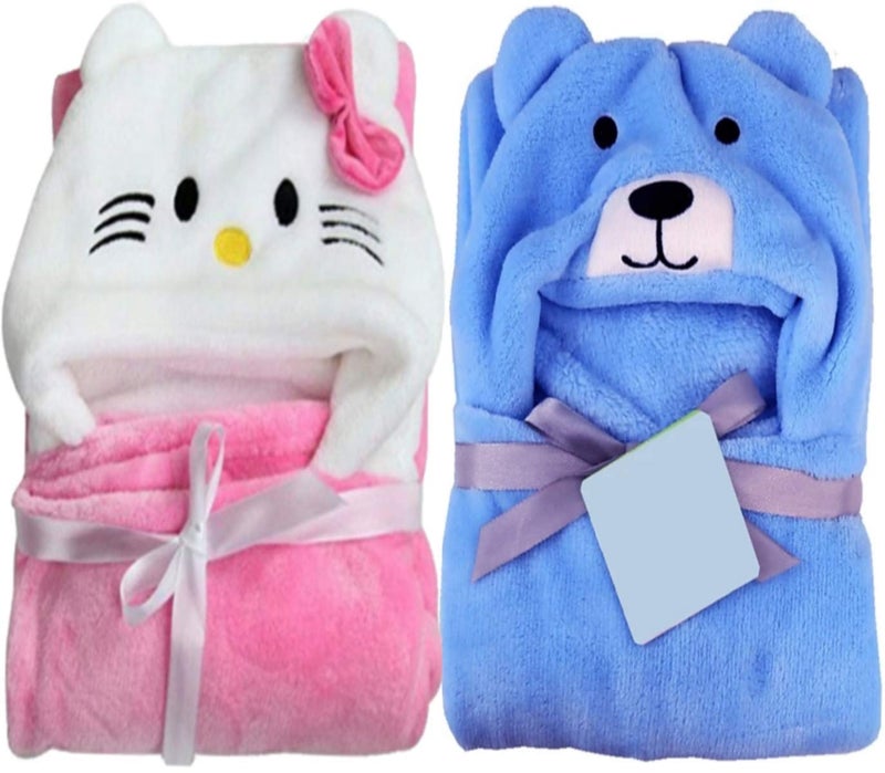 BRANDONN New Born Baby Blanket Cum Baby Bath Towel Cum Baby Bath Robe Combo Pack of 2, Fleece, Pink Kitty, Blue Dog, Multi - Image 1