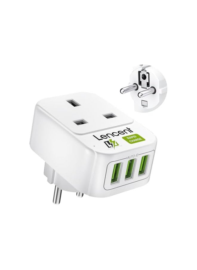 Lencent LENCENT UK to EU Euro Europe Plug Adapter with 3 USB Ports, Grounded European Travel Adapter with 3 USB Ports for Spain Germany France Portugal Greece Russia Netherlands Turkey and more (Type E/F)  - Image 2