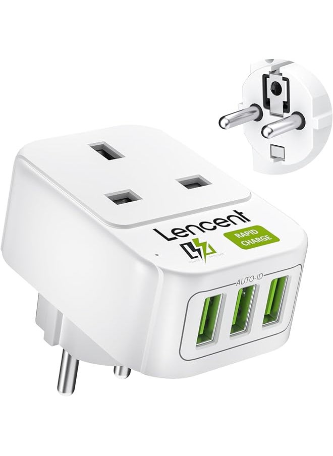 Lencent LENCENT UK to EU Euro Europe Plug Adapter with 3 USB Ports, Grounded European Travel Adapter with 3 USB Ports for Spain Germany France Portugal Greece Russia Netherlands Turkey and more (Type E/F)  - Image 1