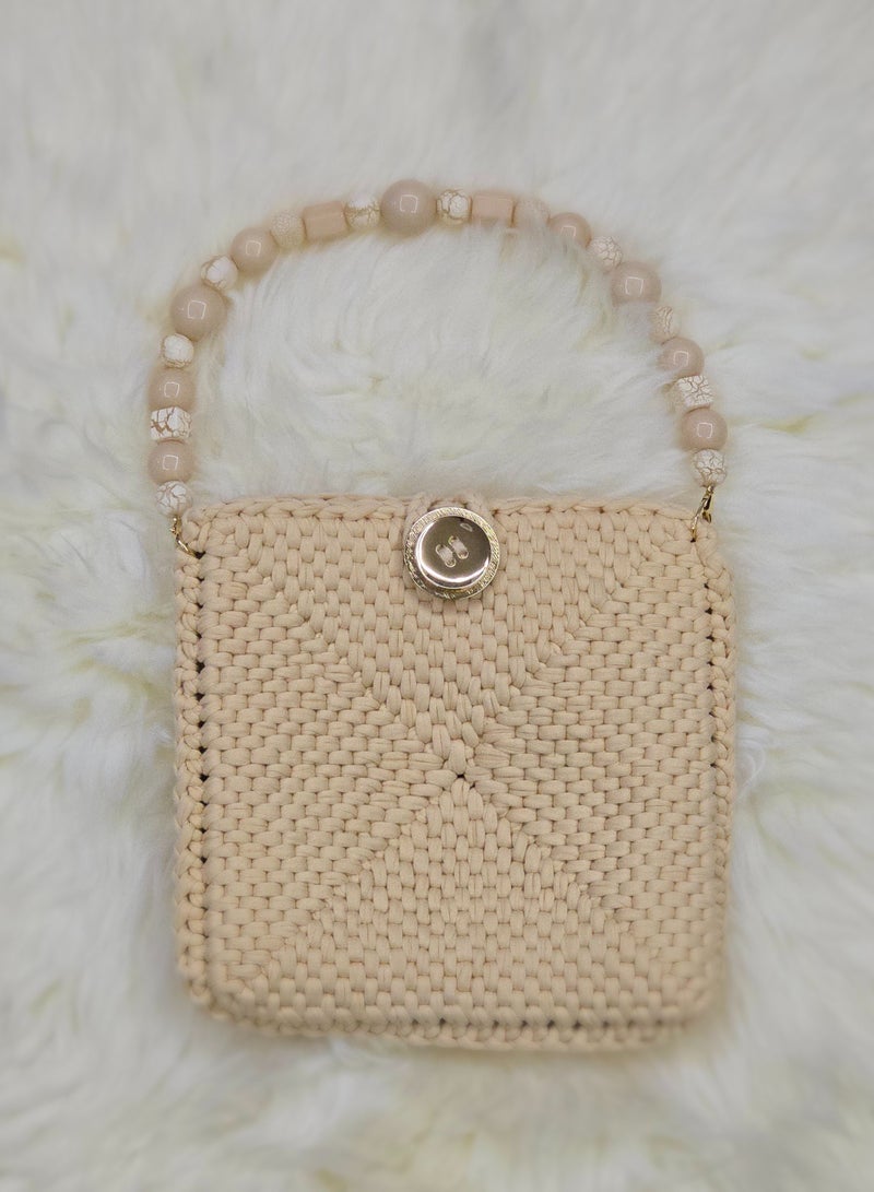 RandSac Beige Crochet Handbag with Beaded Handle and Button Closure - Image 1