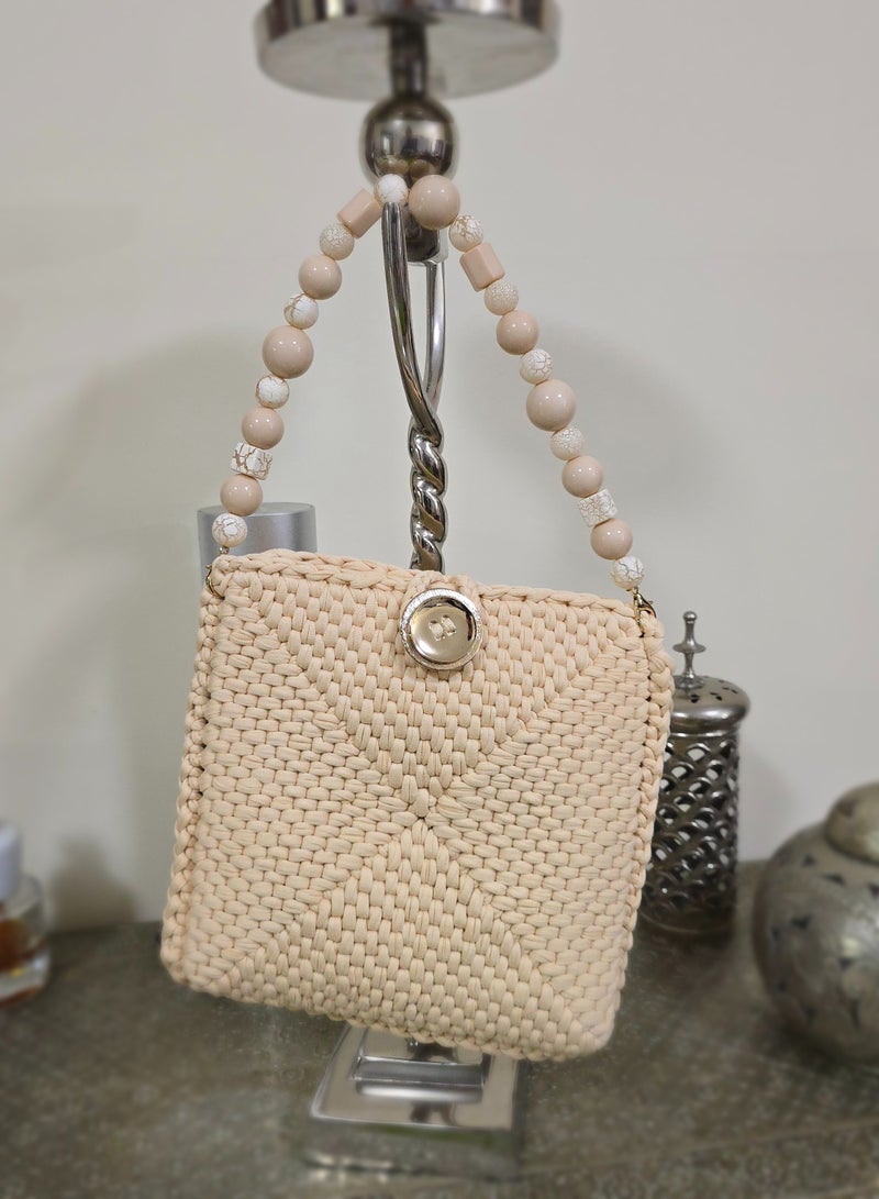 RandSac Beige Crochet Handbag with Beaded Handle and Button Closure - Image 2