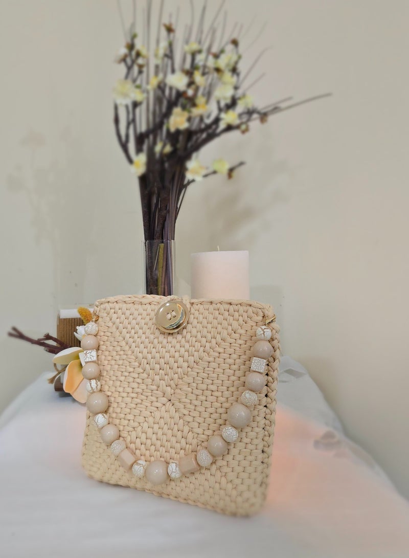 RandSac Beige Crochet Handbag with Beaded Handle and Button Closure - Image 3