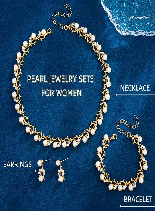 Aiosy Wedding Pearl Jewelry Sets for Women Rhinestone Necklace Earrings Bracelet Sets Statement Bridal Jewelry Prom Costume Jewelry Set - Image 3