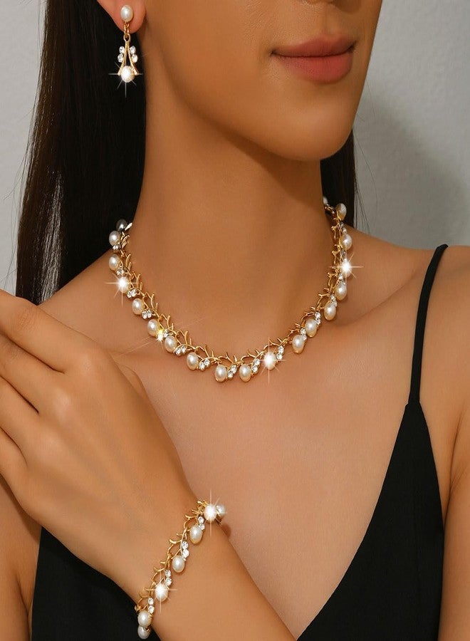 Aiosy Wedding Pearl Jewelry Sets for Women Rhinestone Necklace Earrings Bracelet Sets Statement Bridal Jewelry Prom Costume Jewelry Set - Image 5