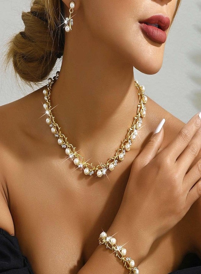 Aiosy Wedding Pearl Jewelry Sets for Women Rhinestone Necklace Earrings Bracelet Sets Statement Bridal Jewelry Prom Costume Jewelry Set - Image 2