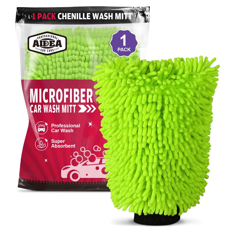 AIDEA Car Wash Mitt Microfiber, 1PK-Scratch-Free& Lint-Free, Premium Chenille Microfiber Mitt Car Wash Brush-Green Regular Size (7.12''X10.14'') - Image 1