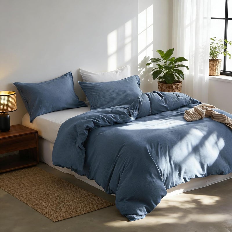 Simple&Opulence Duvet Cover Set 100% Washed Cotton Comfy Soft Breathable Cozy Textured Solid Color Comforter Cover for All Seasons Bedding Sets, Blue Single 135x200cm - Image 2