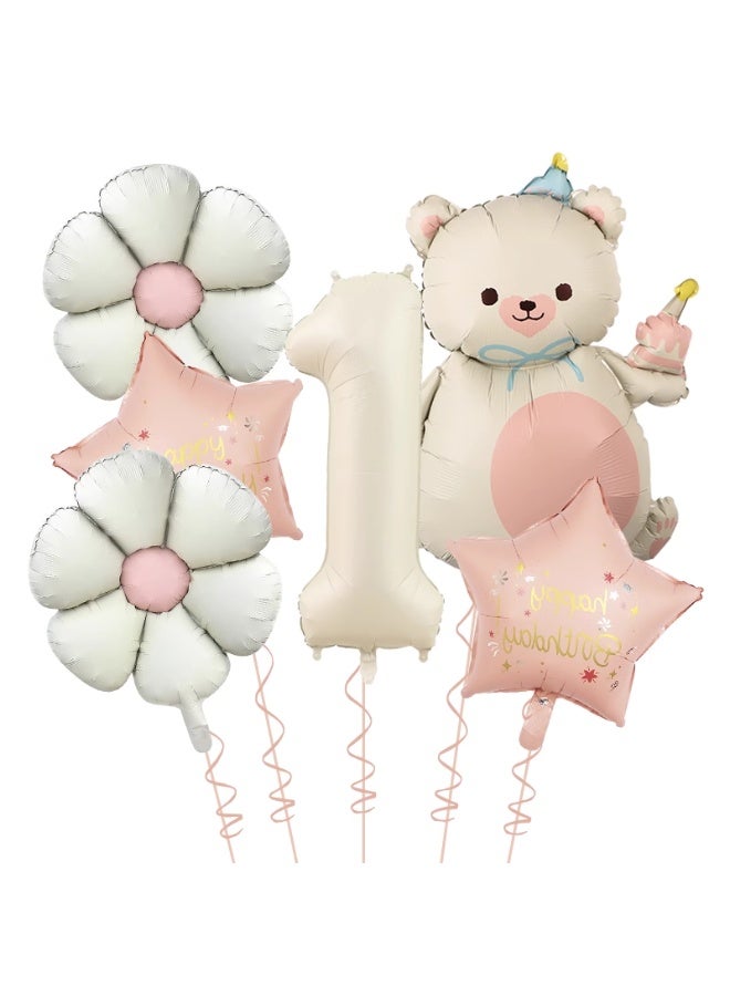 Party 1st Birthday Party Decoration Supplies 40 Inch Matte Cream Beige Digital Bear Daisy Flower Aluminum Film Balloon Set - Image 1