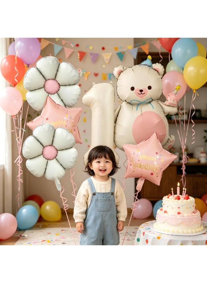 Party 1st Birthday Party Decoration Supplies 40 Inch Matte Cream Beige Digital Bear Daisy Flower Aluminum Film Balloon Set - Image 2