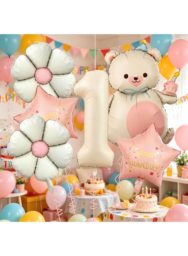 Party 1st Birthday Party Decoration Supplies 40 Inch Matte Cream Beige Digital Bear Daisy Flower Aluminum Film Balloon Set - Image 3