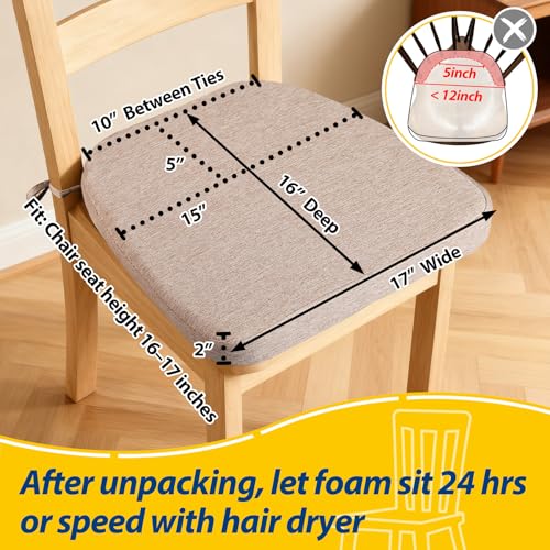 AAAAAcessories D-Shaped Chair Cushions, 2" Thick Dining Chair Pads with Ties and Removable, Machine-Washable Cover, 17" x 16", Set of 4, Oatmeal Beige - Image 2