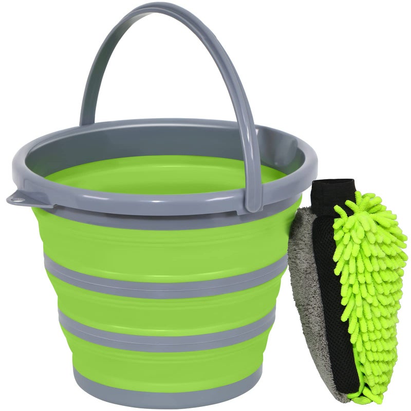 GreatCool Collapsible Bucket with 3in1 Car Wash Mitt Coral Velvet Weave Chenille Microfiber Glove Sponge 10L 26 Gallon Portable Folding Basin Pail for Household Cleaning