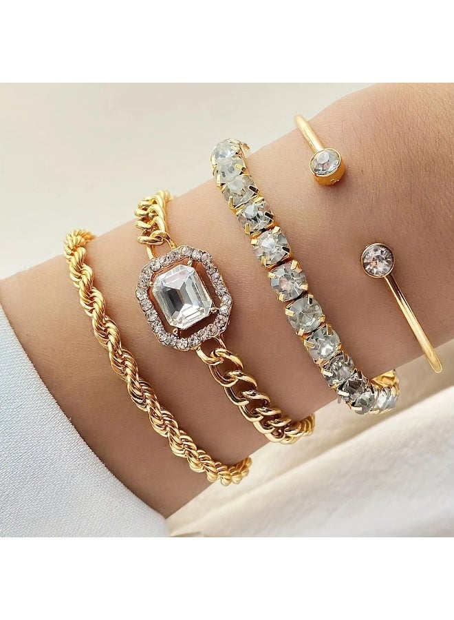 Goolsky مجموعة أساور سلسلة ملتوية بأسلوب بانك مبالغ فيه للنساء مكونة من 4 قطع مع أحجار الراين - Image 1