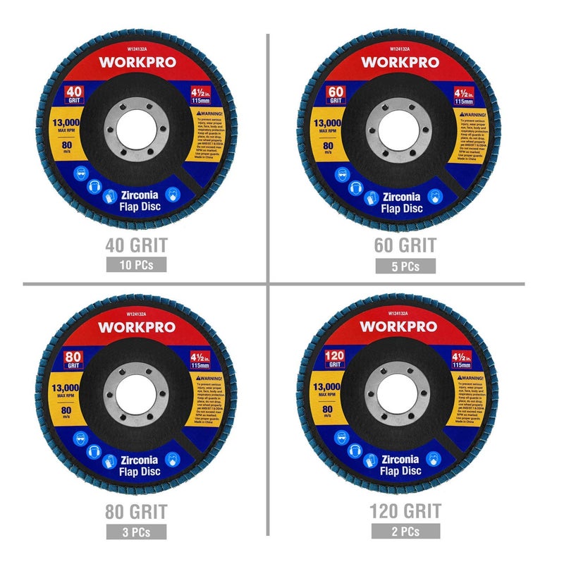 WORKPRO 20-Pack Flap Discs, 4-1/2-inch, Arbor Size 7/8-inch, T29 Zirconia Abrasive Grinding Wheel and Flap Sanding Disc, Includes 40/60/80/120 Grits - Image 2