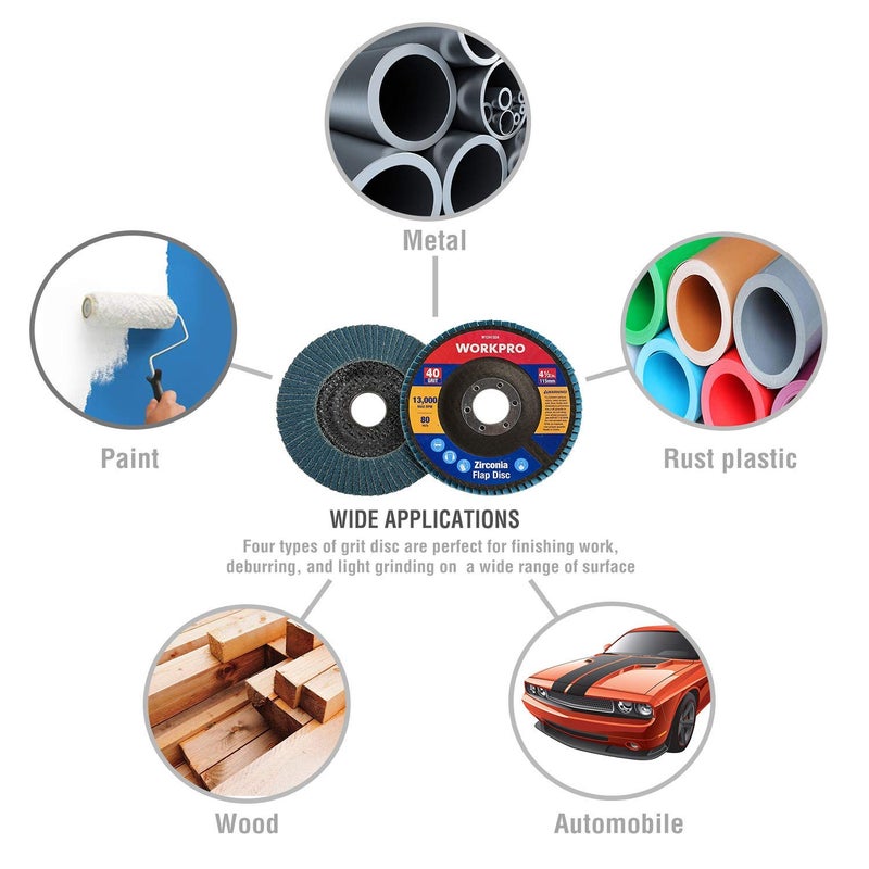 WORKPRO 20-Pack Flap Discs, 4-1/2-inch, Arbor Size 7/8-inch, T29 Zirconia Abrasive Grinding Wheel and Flap Sanding Disc, Includes 40/60/80/120 Grits - Image 4