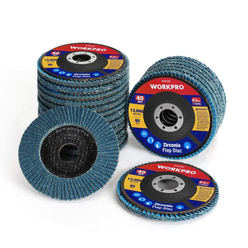 WORKPRO 20-Pack Flap Discs, 4-1/2-inch, Arbor Size 7/8-inch, T29 Zirconia Abrasive Grinding Wheel and Flap Sanding Disc, Includes 40/60/80/120 Grits - Image 1