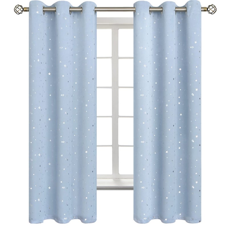 BGment Star Room Darkening Curtains for Kids Bedroom Grommet Thermal Insulated Silver Star Print Kids Curtains for Living Room Set of 2 Panels Baby Blue 42 x 63 Inch
