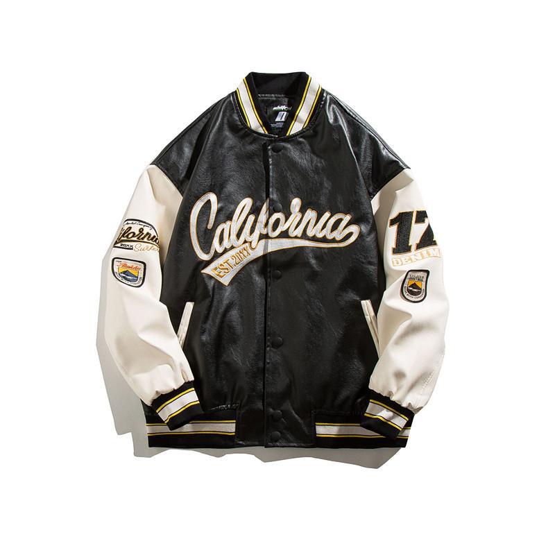 American Street Pu Leather Baseball Suit For Men And Women Trendy Brand Aviator Hip Hop Embroidered Loose Casual Leather Jacket For Couple - Image 1