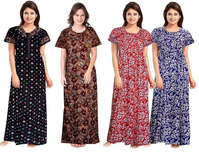 Vlazom Women's Cotton Nightgown – Pack of 4 Printed Maxi Nighties | Ankle Length Night Dress | Free Size Sleepwear (Option-18, Free Size) - Image 1