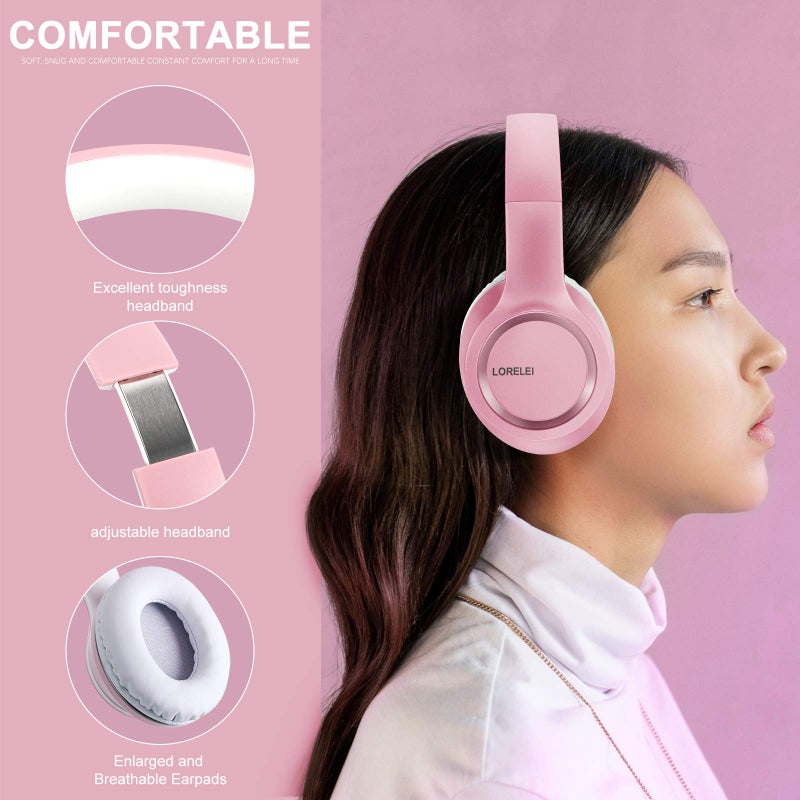 LORELEI X8 Over-Ear Wired Headphones with Microphone with 1.45m-Tangle-Free Nylon Line&3.5mm Plug,Lightweight Foldable & Portable Headphones for Smartphone,Tablet,Computer,Mp3/4ï¼ˆPearl Pinkï¼‰ - Image 2