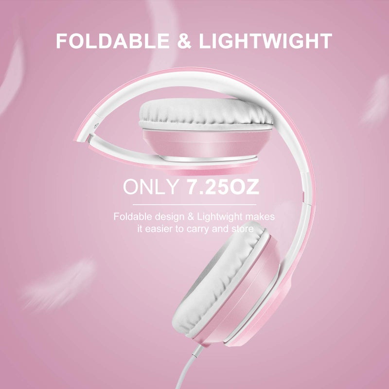 LORELEI X8 Over-Ear Wired Headphones with Microphone with 1.45m-Tangle-Free Nylon Line&3.5mm Plug,Lightweight Foldable & Portable Headphones for Smartphone,Tablet,Computer,Mp3/4ï¼ˆPearl Pinkï¼‰ - Image 4