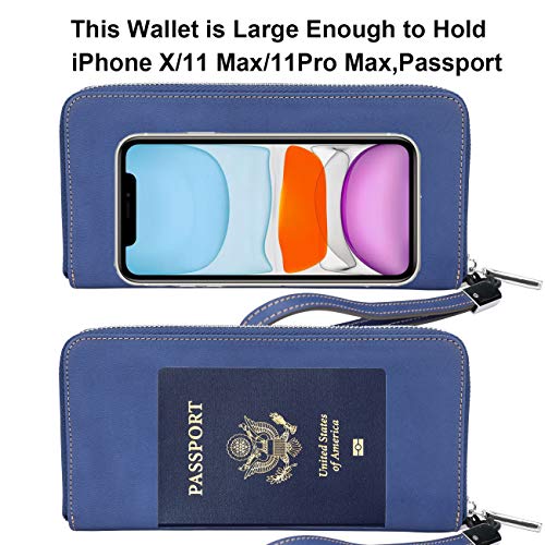 Lavemi Women's RFID Blocking 100% Leather Large Capacity Zip Around Wallet Phone Holder Clutch Travel Purse Wristlet(Large Size Vintage Blue) - Image 5