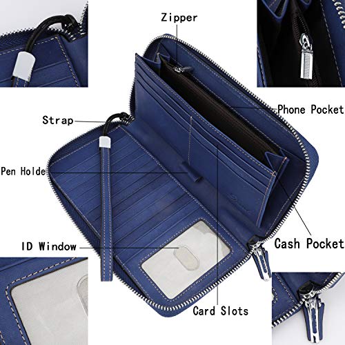 Lavemi Women's RFID Blocking 100% Leather Large Capacity Zip Around Wallet Phone Holder Clutch Travel Purse Wristlet(Large Size Vintage Blue) - Image 4