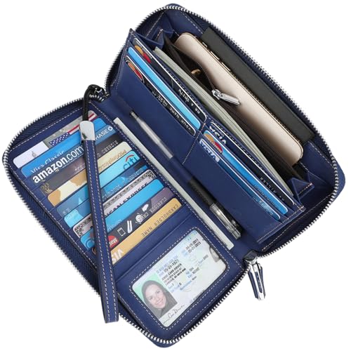 Lavemi Women's RFID Blocking 100% Leather Large Capacity Zip Around Wallet Phone Holder Clutch Travel Purse Wristlet(Large Size Vintage Blue) - Image 2