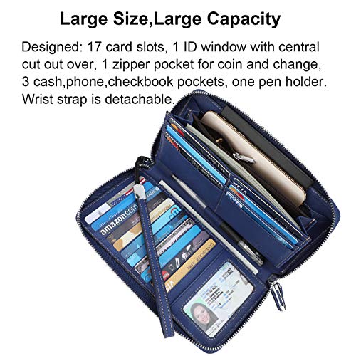 Lavemi Women's RFID Blocking 100% Leather Large Capacity Zip Around Wallet Phone Holder Clutch Travel Purse Wristlet(Large Size Vintage Blue) - Image 3