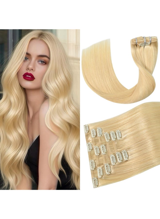 Aison Blonde Clip in Hair Extensions Real Human Hair 70G Bleach Blonde 100 Remy Human Hair Soft Silky Straight 7pcs 16clips One Pack 18 Inch 613 - Image 2