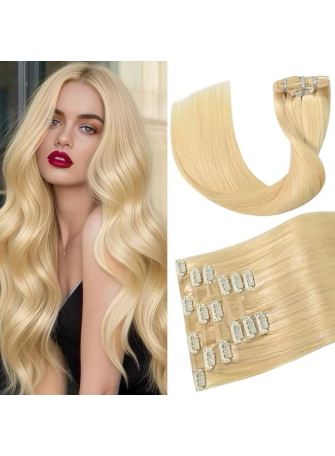 Aison Blonde Clip in Hair Extensions Real Human Hair 70G Bleach Blonde 100 Remy Human Hair Soft Silky Straight 7pcs 16clips One Pack 18 Inch 613 - Image 1