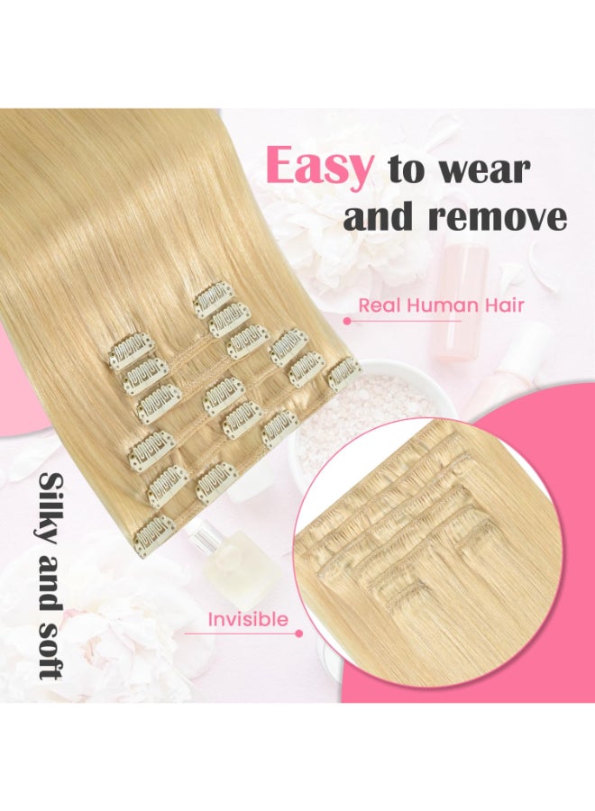 Aison Blonde Clip in Hair Extensions Real Human Hair 70G Bleach Blonde 100 Remy Human Hair Soft Silky Straight 7pcs 16clips One Pack 18 Inch 613 - Image 4