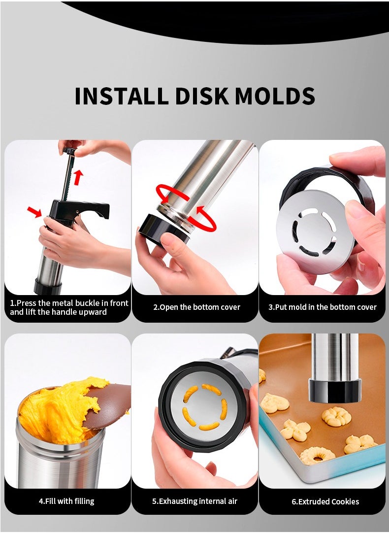 Generic Cookie Press, Baking-Stainless Steel Cookie Press Gun+13 Cookie Discs+8 Icing Nozzles, Spritz Cookie Press Gun Kit for Making and Decorating Cookies  - Image 4