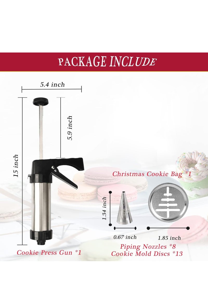 Generic Cookie Press, Baking-Stainless Steel Cookie Press Gun+13 Cookie Discs+8 Icing Nozzles, Spritz Cookie Press Gun Kit for Making and Decorating Cookies  - Image 2