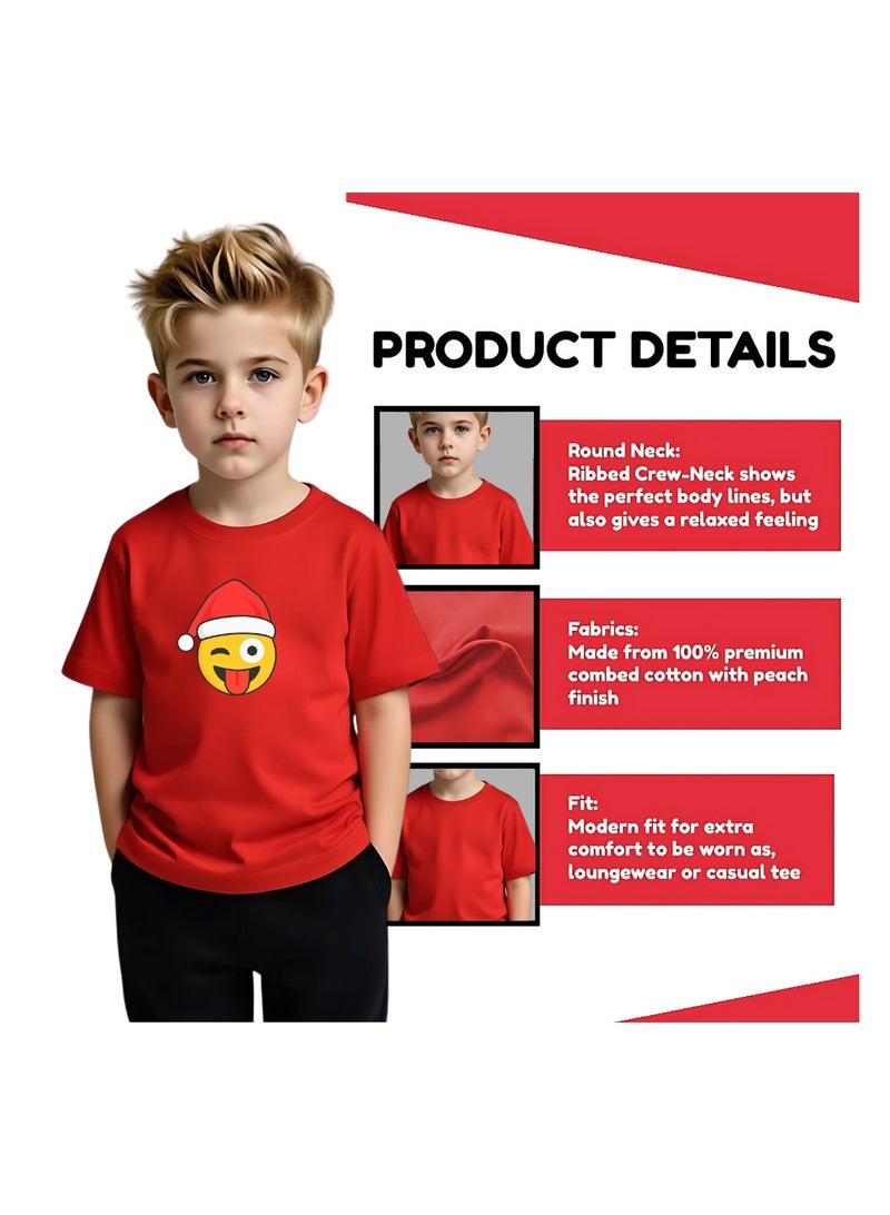برينت شوب فور مي تي شيرت أحمر للأطفال من Christmas Emoji للأولاد - تي شيرت من القطن الناعم برقبة دائرية وأكمام قصيرة مع وجه مبتسم - رائع للحفلات - Image 4