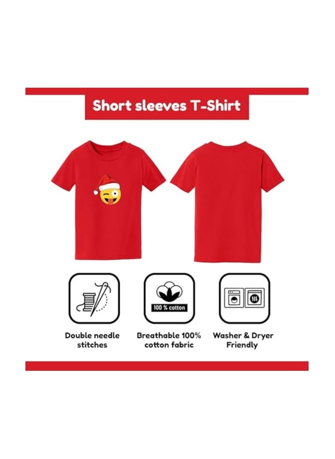 PRINTSHOP4ME - Christmas Emoji Kids Red T-Shirt For Boys–Soft Cotton Round Neck Short Sleeve T-Shirt With Smiley Face Emoji–Great For Parties - Image 1