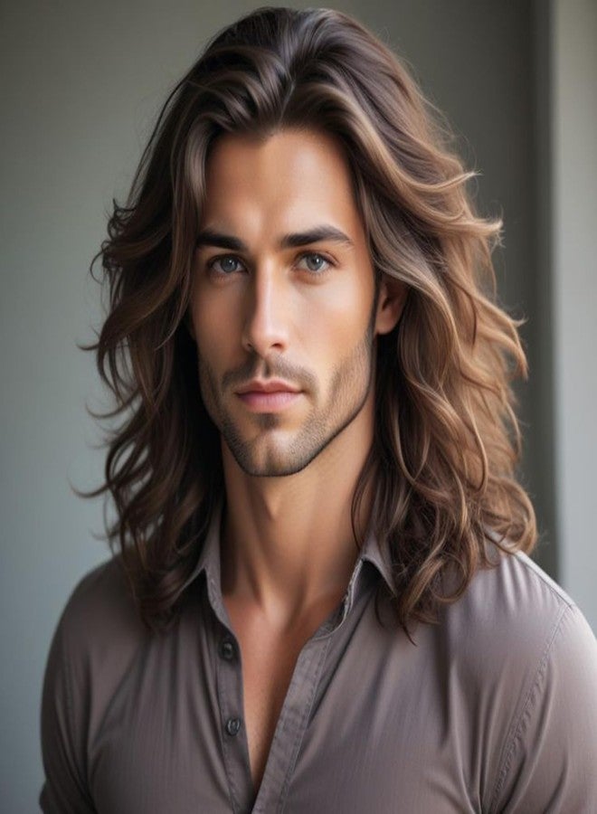 Wiwige Long Curly Wavy Brown Wig for Men Synthetic California 80s Rocker Punk Halloween Cosplay Hair Wig - Image 1