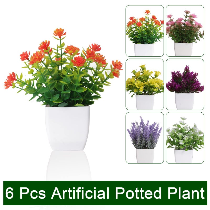 Yoratee 6pcs Artificial Pot Flowers Small Fake Plants with Pot Mini Potted Plants for House Office Tabletop Decoration - Image 2