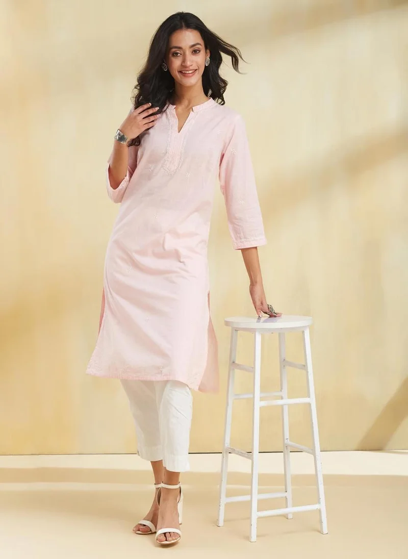 فاب انديا Pink Cotton Chikankari Knee Length Kurta