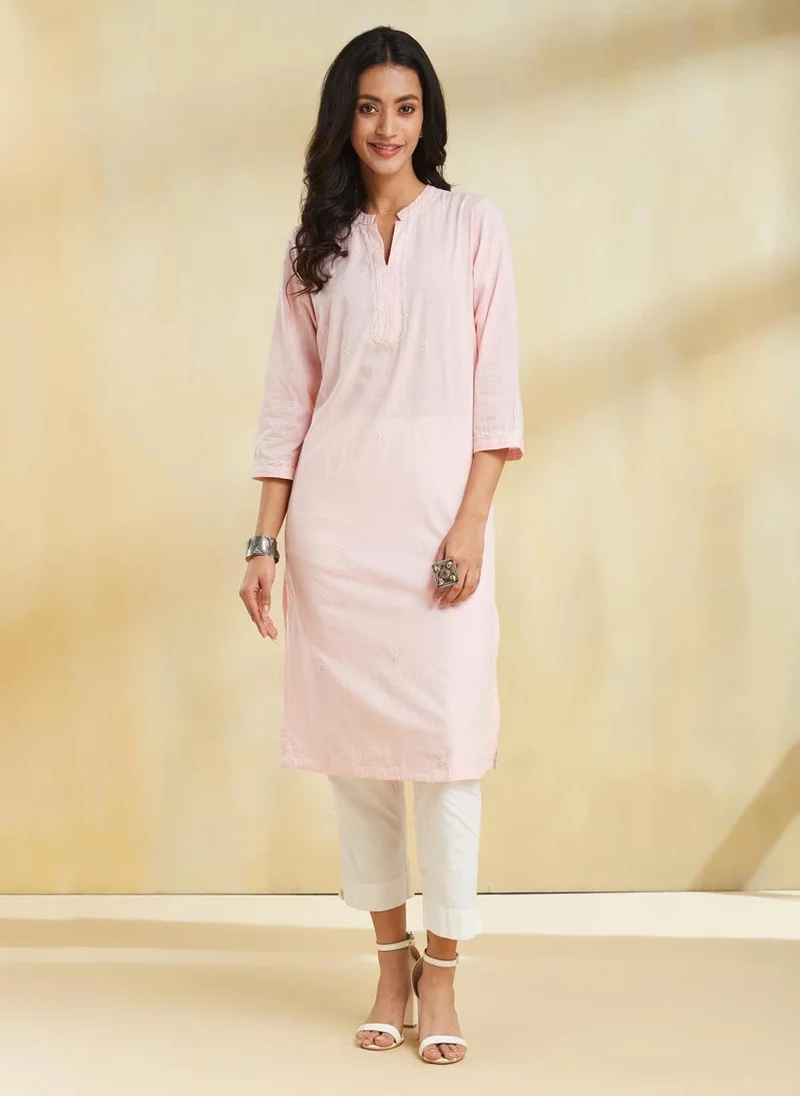 Fabindia Pink Cotton Chikankari Knee Length Kurta