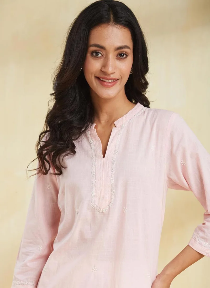 Fabindia Pink Cotton Chikankari Knee Length Kurta