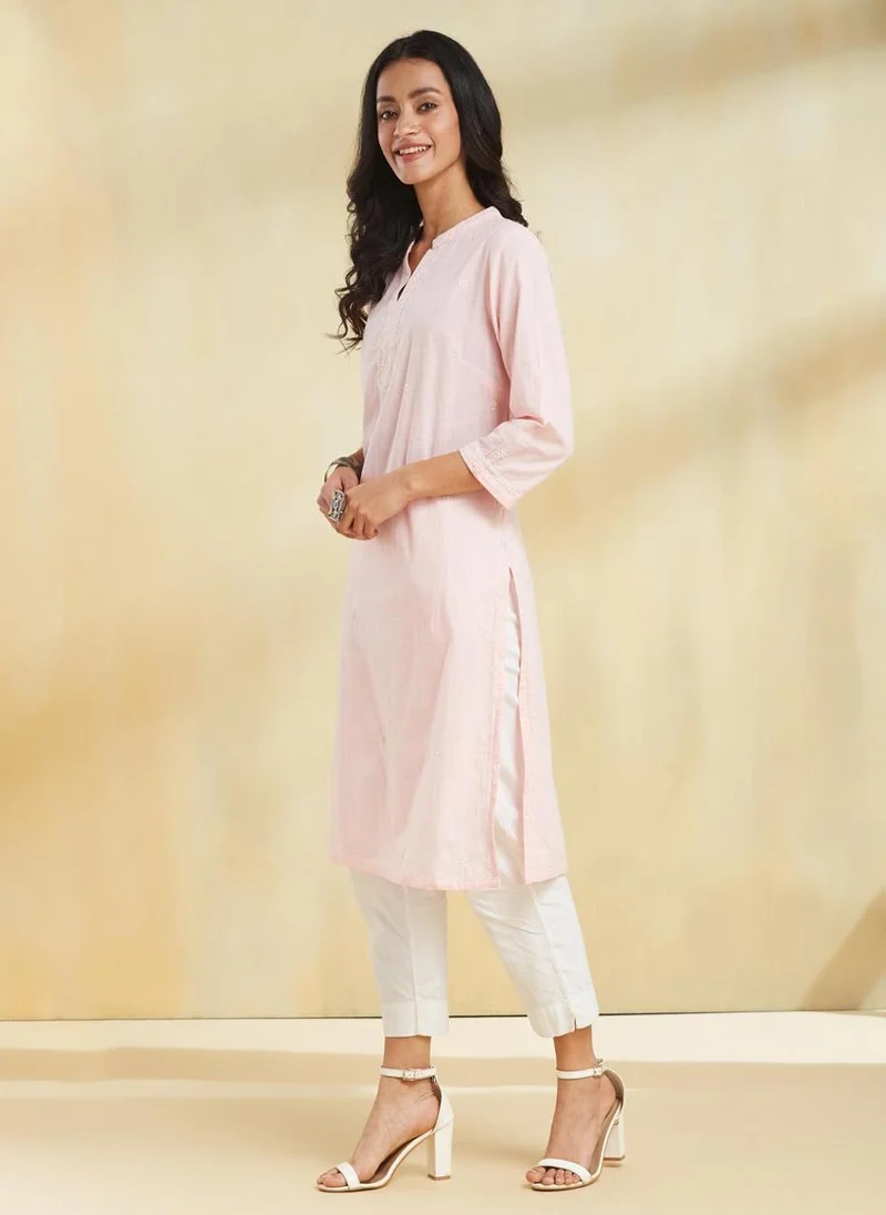 Fabindia Pink Cotton Chikankari Knee Length Kurta