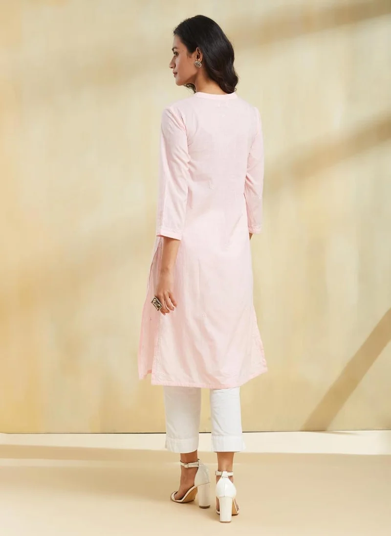 Fabindia Pink Cotton Chikankari Knee Length Kurta