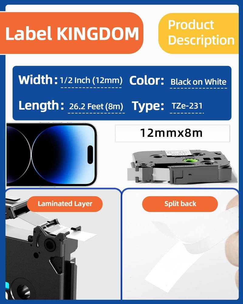 لايبل كينجدوم شريط لاصق بديل متوافق مع علامة KINGDOM لـ Brother TZe-231 TZe231 P Touch بعرض 12 مم (0.47 بوصة) مغلف أبيض TZ-231 لآلات PTouch PT-D210 PT-H110 PT-D400AD PT-P710BT، عبوة من 6 قطع - Image 2