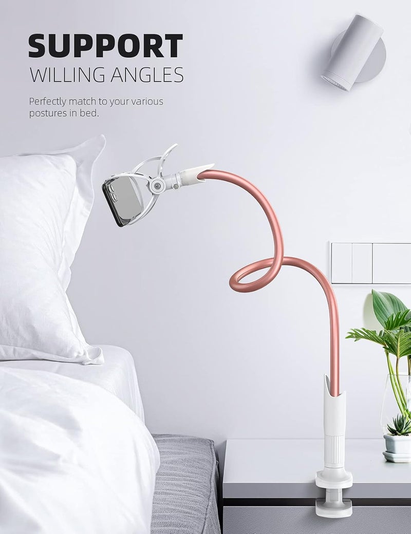 Lamicall Phone Holder Bed Gooseneck Mount - Cell Phone Clamp Clip for Desk, Flexible Lazy Long Arm Headboard Bedside, Overhead Mount Stand, for 4-7" Phone, iPhone 15 Pro Max, 14 Plus, 13, Rose Gold - Image 4