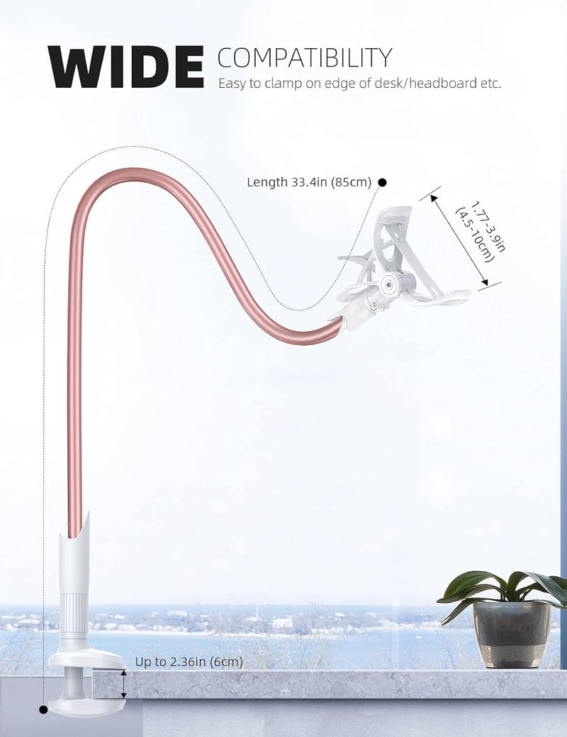 Lamicall Phone Holder Bed Gooseneck Mount - Cell Phone Clamp Clip for Desk, Flexible Lazy Long Arm Headboard Bedside, Overhead Mount Stand, for 4-7" Phone, iPhone 15 Pro Max, 14 Plus, 13, Rose Gold - Image 5