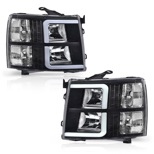 GRAND ORANGE LED DRL Tube Projector Headlights w/o Bulbs Compatible with Chevy Silverado 1500 2007-2013/Fit Silverado 2500 HD 3500 HD 2007-2014 Clear Lens Black Housing Clear Reflector - Image 1