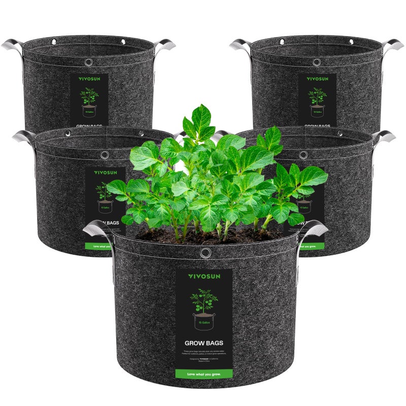 VIVOSUN 5-Pack 15 Gallon Grow Bags, 500G Thick Nonwoven Fabric Pots with Strap Handles, Multi-Purpose Rings, for Low Stress Plant Training Fruits, Vegetables, and Flowers - Image 1